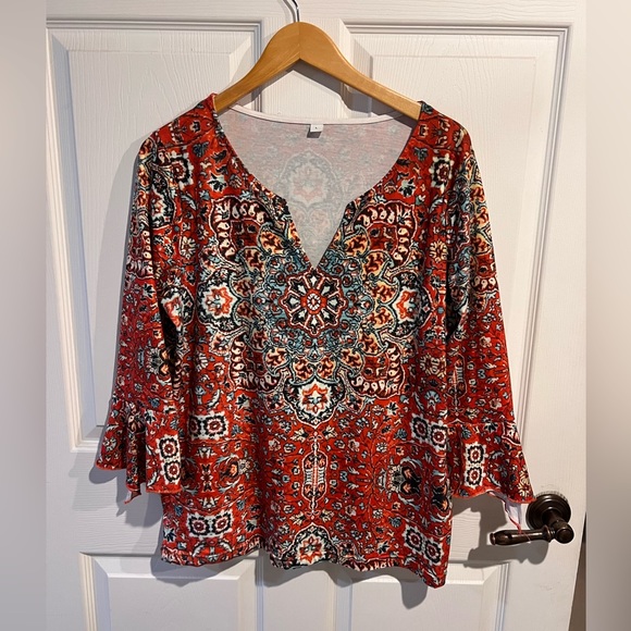 Amazon Boho Print Bell Sleeve Blouse | Rust Red & Teal Pattern | Size Large - Picture 1 of 3